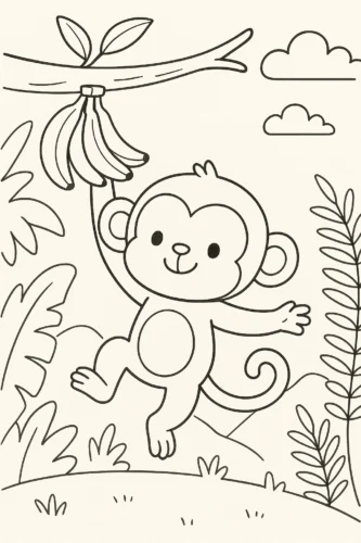 Mẫu tô màu khỉ trong rừng chuối