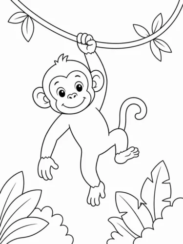 Tranh tô màu khỉ treo một tay trên dây