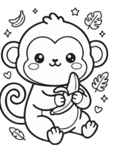Mẫu tô màu khỉ ăn chuối giữa lá
