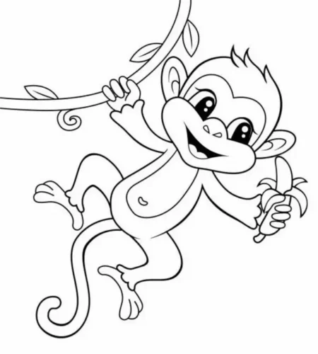 Mẫu tô màu khỉ đu cành ăn chuối