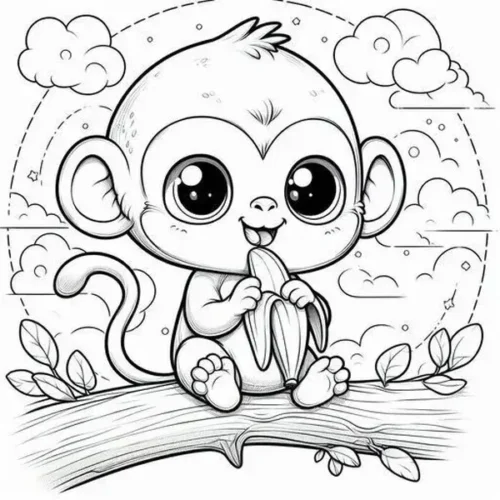Hình tô màu khỉ con ăn chuối trên cành