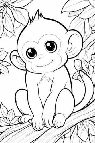 Mẫu tô màu khỉ con ngồi bên cành cây