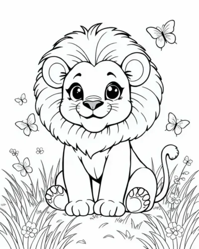 Sư tử con giữa cỏ và bướm
