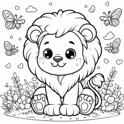 Mẫu tô màu sư tử con giữa vườn hoa và bướm