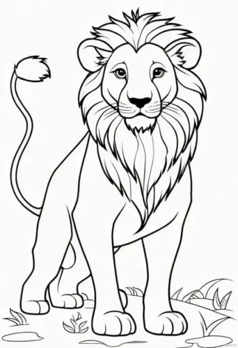 Sư tử đứng trên cỏ, đuôi cong lên