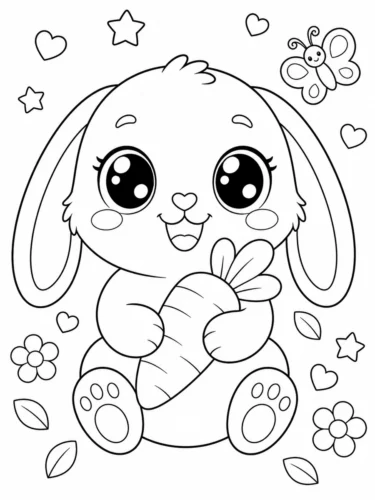 Tranh tô màu thỏ tai cụp ôm cà rốt giữa hoa