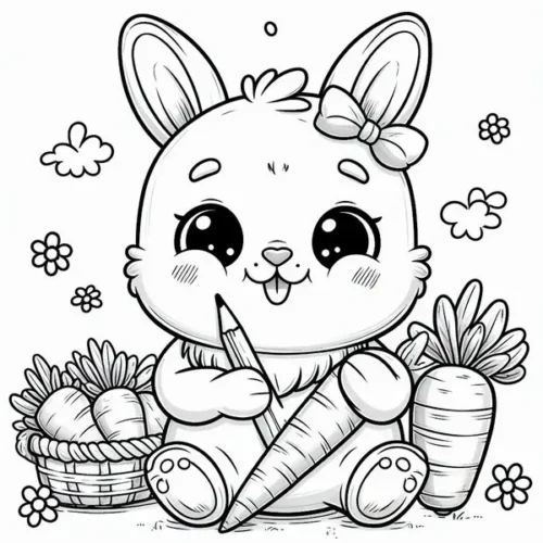 Hình tô màu thỏ con ôm củ cà rốt to bên giỏ rau
