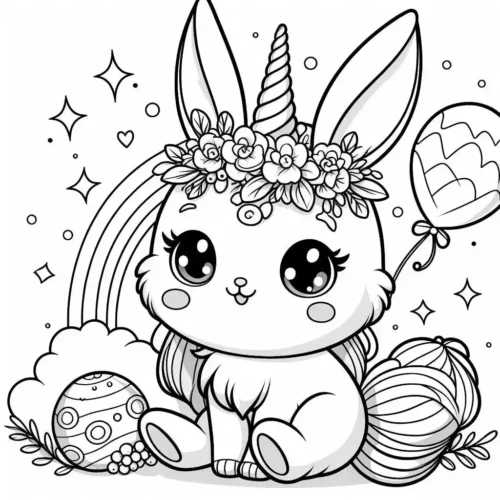Mẫu tô màu thỏ đội vòng hoa có sừng kỳ lân