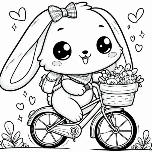 Mẫu tô màu thỏ tai cụp đạp xe chở giỏ cà rốt