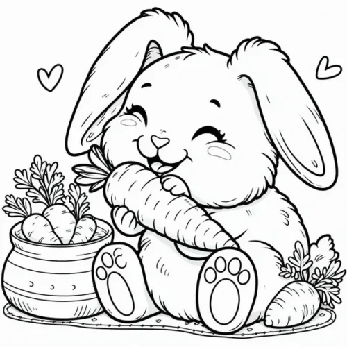 Mẫu tô màu thỏ tai cụp ôm cà rốt cười tít mắt