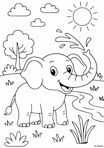 Mẫu tô màu voi con phun nước bên dòng suối