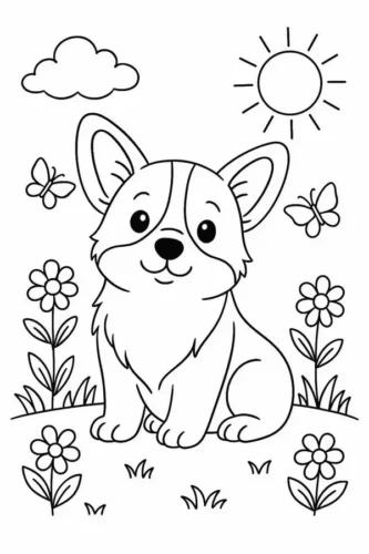 Mẫu tô màu chó corgi giữa hoa