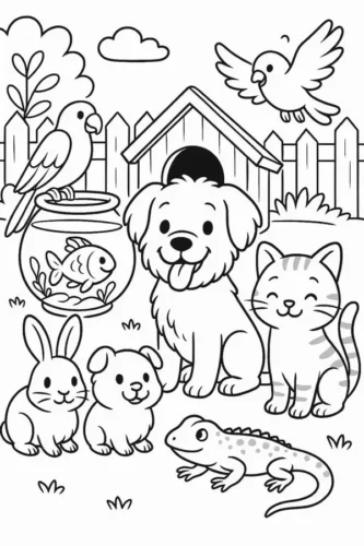 Mẫu tô màu cún, mèo, thỏ, chim và thằn lằn trong sân