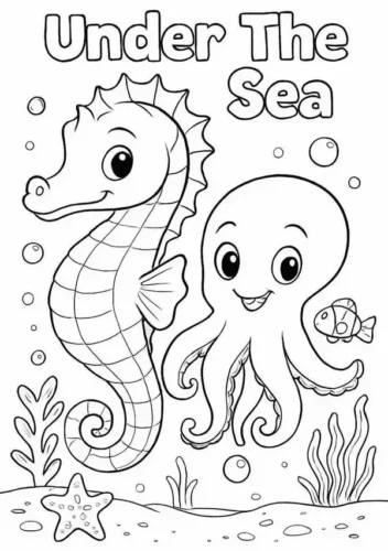 Mẫu tô màu cá ngựa và bạch tuộc với chữ Under The Sea