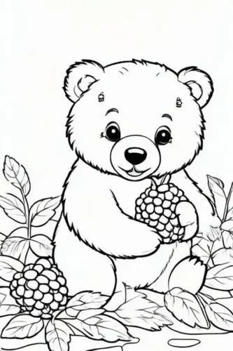 Hình tô màu gấu con ôm chùm quả mâm xôi