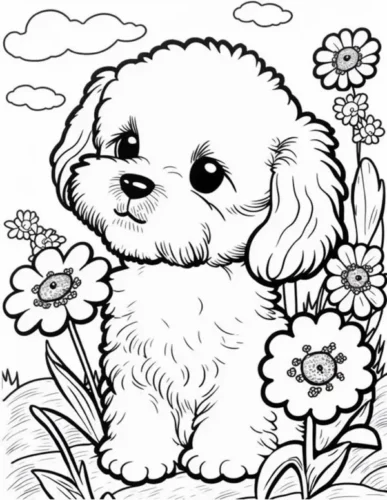 Tranh tô màu cún lông xù giữa hoa