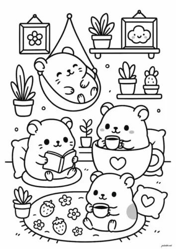 Gấu con uống trà trong phòng