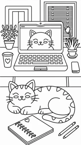 Mèo nằm cạnh máy tính