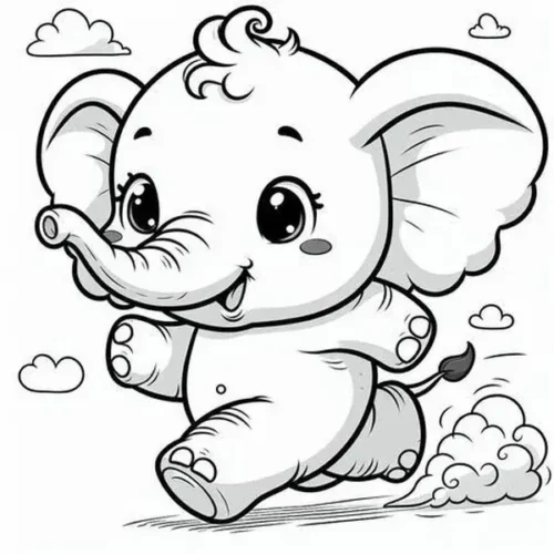 Voi con chạy trên đồng cỏ, phía sau có mây