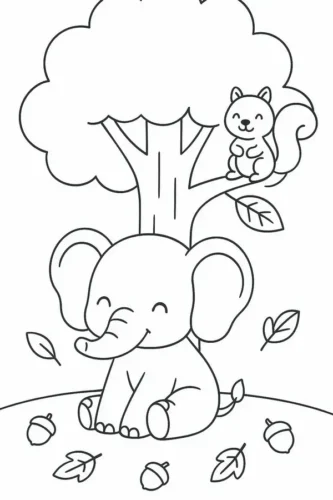Voi con ngồi dưới gốc cây, trên cành có chú sóc