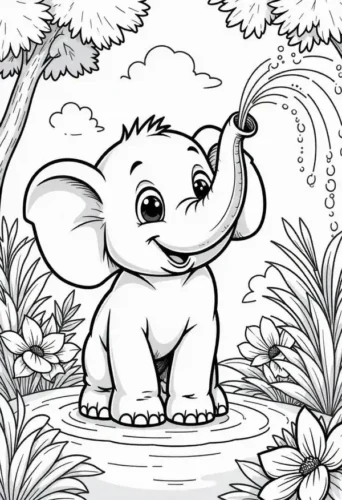 Voi con phun nước giữa khu vườn có hoa