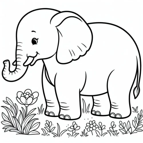 Voi lớn đứng giữa hoa lá, nét đậm