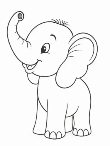 Mẫu tô màu voi con đứng thẳng, vòi cong lên và mỉm cười