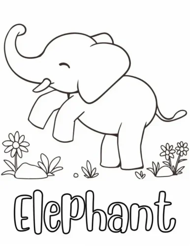 Mẫu tô màu voi con nhún nhảy giữa hoa, có chữ Elephant để bé tập đọc