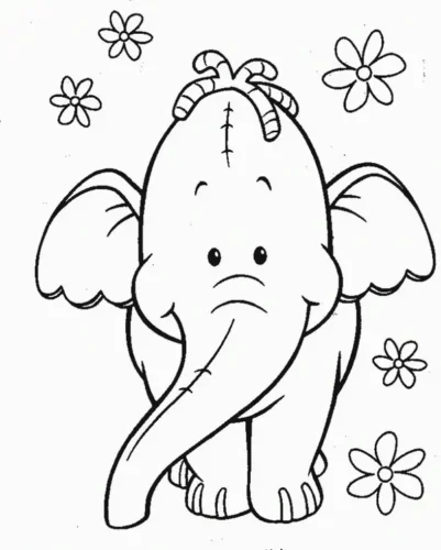 Tranh tô màu voi con đứng giữa những bông hoa nhỏ