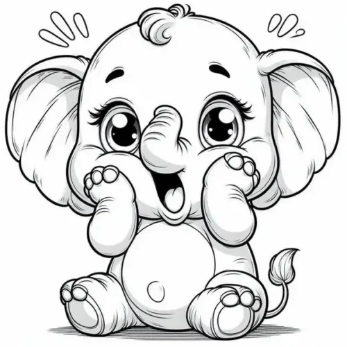 Hình tô màu voi con ngồi ôm má cười, mắt to tròn