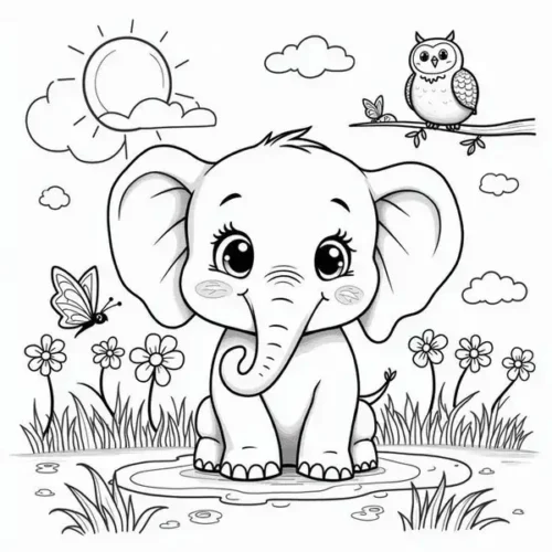 Mẫu tô màu voi con đứng bên vũng nước, có cú mèo đậu trên cành