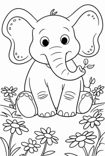 Hình tô màu voi con ngồi giữa vườn hoa cúc