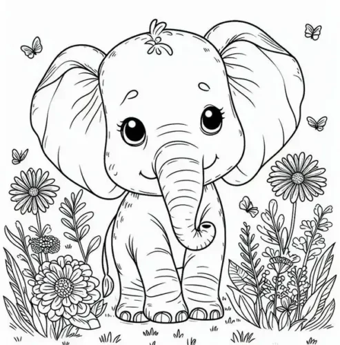 Tranh tô màu voi con đứng giữa vườn hoa và bướm, nét chi tiết