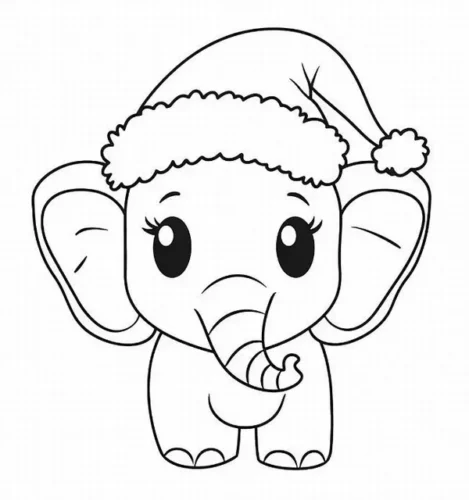 Hình tô màu voi con đội mũ Noel, mắt to tròn
