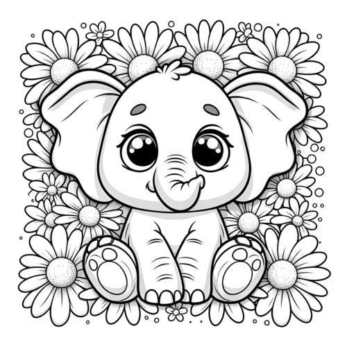 Voi con ngồi giữa thảm hoa cúc, mắt to tròn