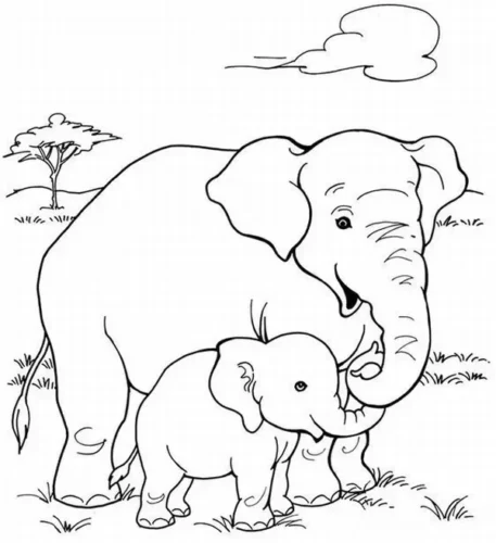 Mẫu tô màu voi mẹ và voi con trên thảo nguyên có cây keo