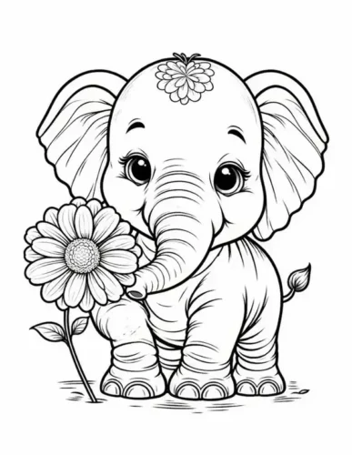 Mẫu tô màu voi con cầm bông hoa cúc lớn