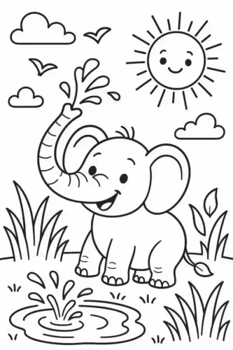 Tranh tô màu voi con phun nước dưới trời nắng