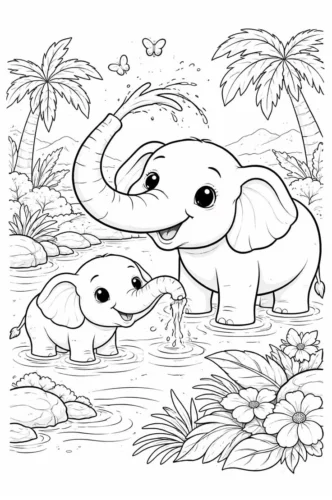 Tranh tô màu voi mẹ và voi con bên dòng suối có cây dừa