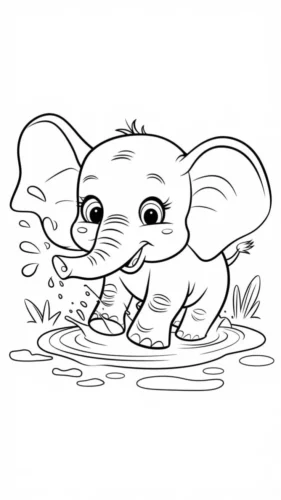 Tranh tô màu voi con nghịch nước trong vũng nhỏ
