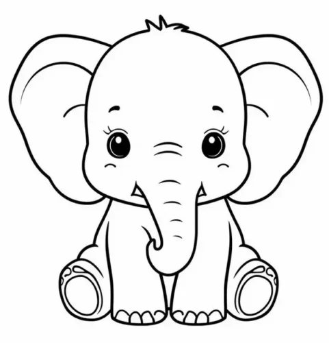 Hình tô màu voi con ngồi chính diện, tai tròn, rất dễ tô