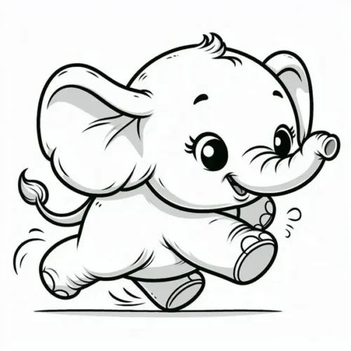Hình tô màu voi con chạy tung tăng, có đổ bóng xám nhẹ