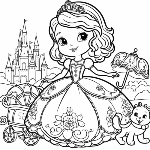 Công chúa Sofia trước lâu đài bên cỗ xe