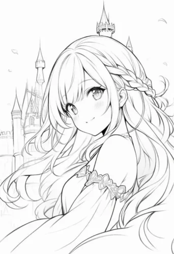 Mẫu tô màu công chúa anime tóc tết trước lâu đài