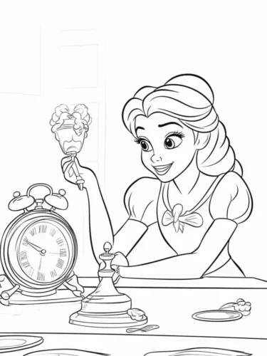Hình tô màu belle bên đồng hồ và chân nến