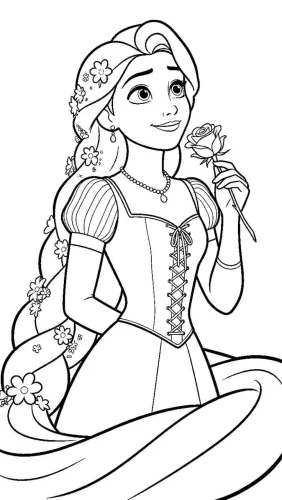 Hình tô màu rapunzel cầm hoa hồng