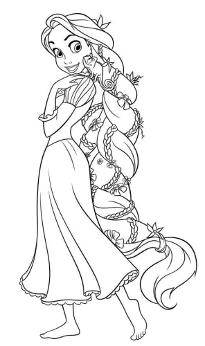 Mẫu tô màu rapunzel tóc tết dài đi chân trần
