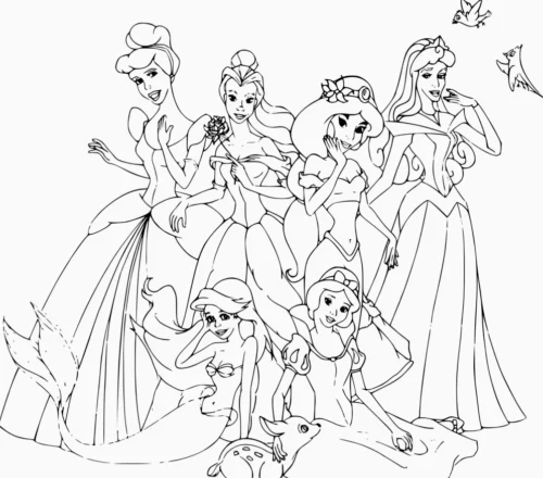 Hình tô màu các nàng công chúa Disney đứng cạnh nhau