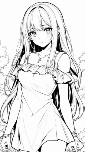 Hình tô màu công chúa anime tóc dài mặc váy