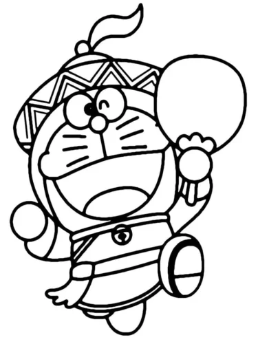Doraemon mặc áo hoa văn cầm quạt